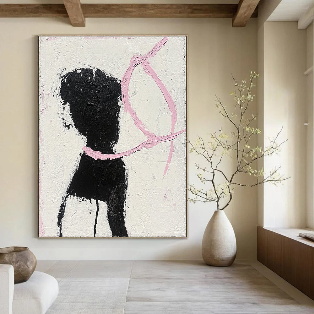 Abstract painting featuring a woman in black and white dancing with a pink ribbon surrounding her neck showcasing visible brush strokes and textured canvas.STSC1334