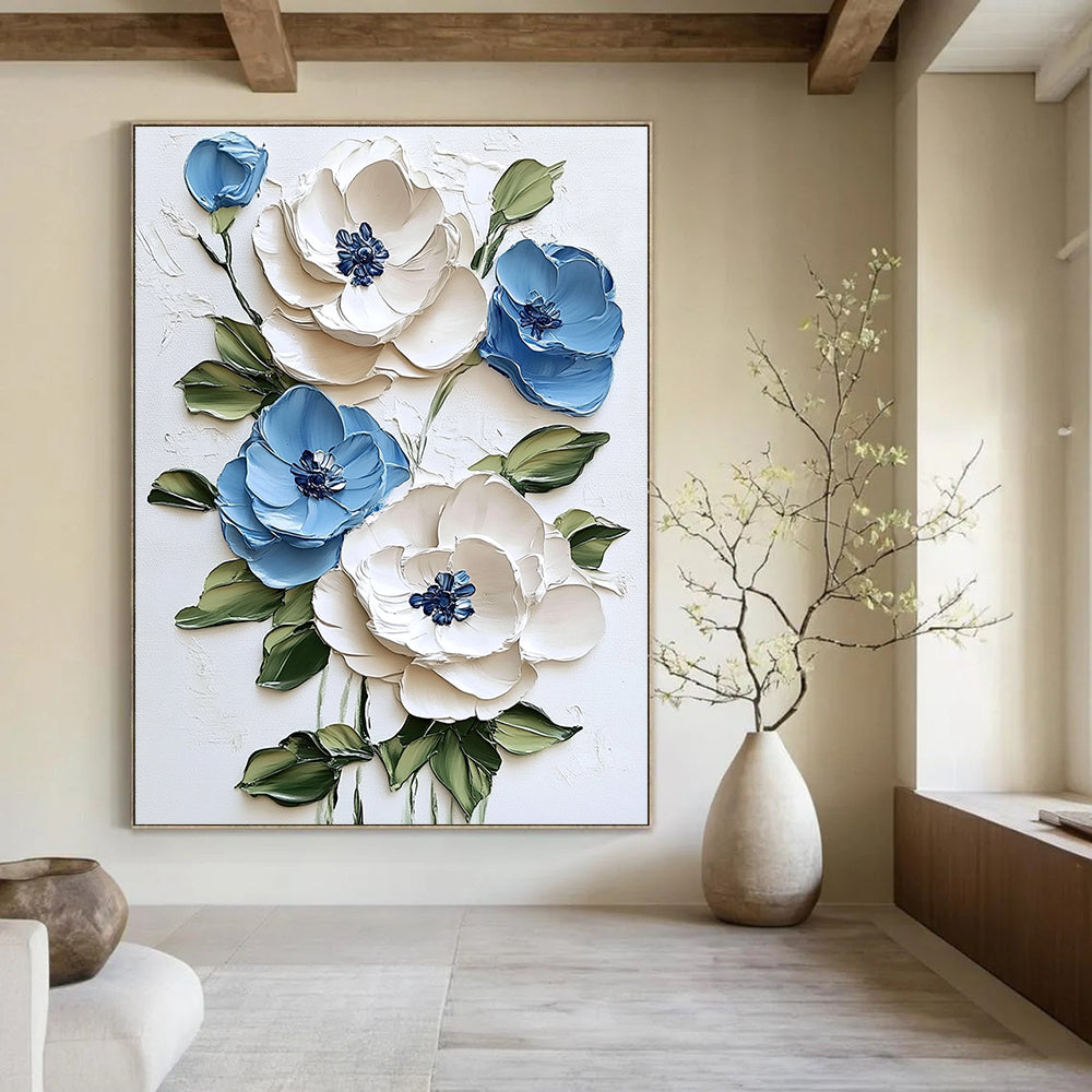 Abstract painting featuring textured white and blue flowers on a white background with green leaves and vibrant brushstrokes for a light tone.STSC1471