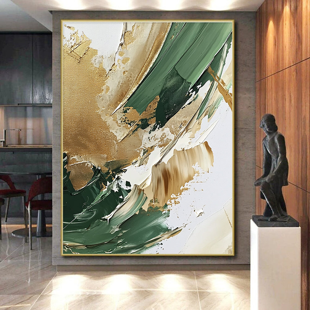 Green Gold and Beige Abstract Painting with Thick Textures GER647