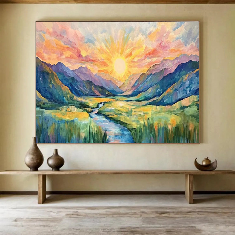 Sunburst Mountain Abstract Painting with Radiant, Expressive Colors THY416