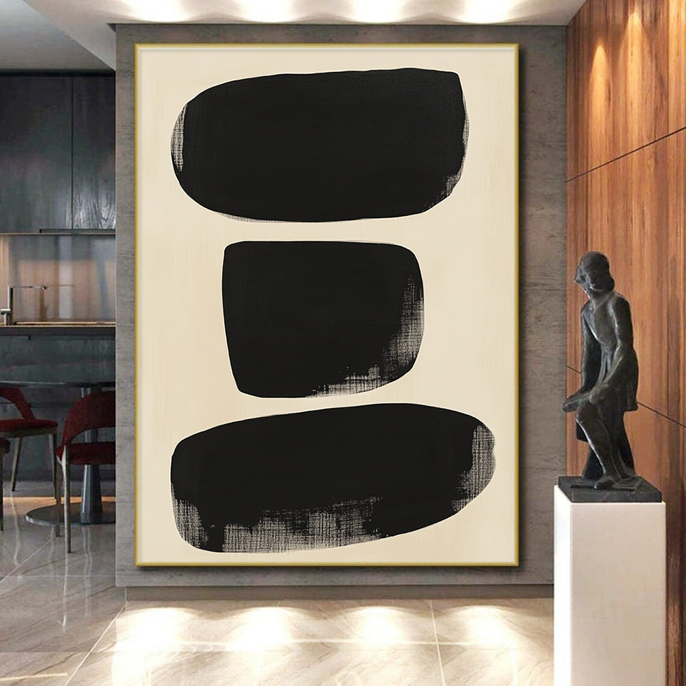 Black and Beige Abstract Painting with Large Black Organic Shapes GER189