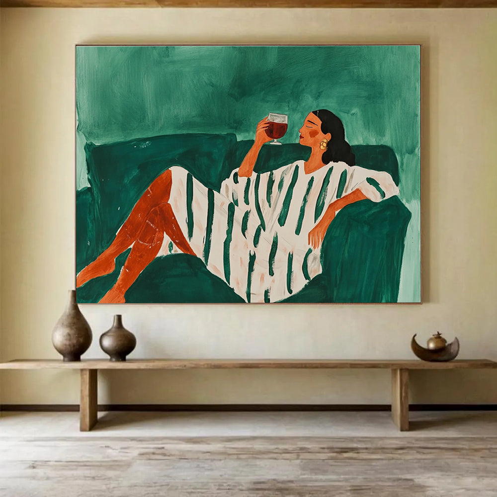 Relaxed Woman on Sofa Abstract Painting with Green and White Tones DYP582
