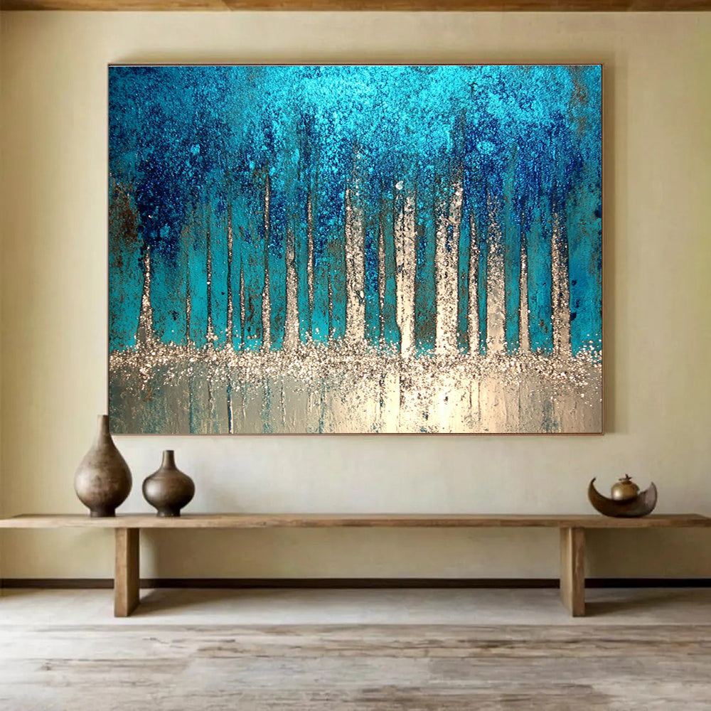 Sparkling Forest Abstract Painting with Blue and Silver DYP504