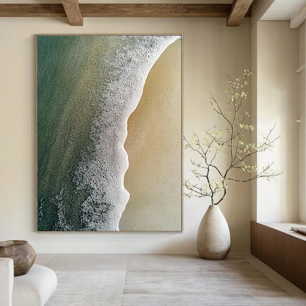 Large abstract painting capturing the meeting of sand and water with intricate pastel patterns and soft mist rising from the sea.STSC1410