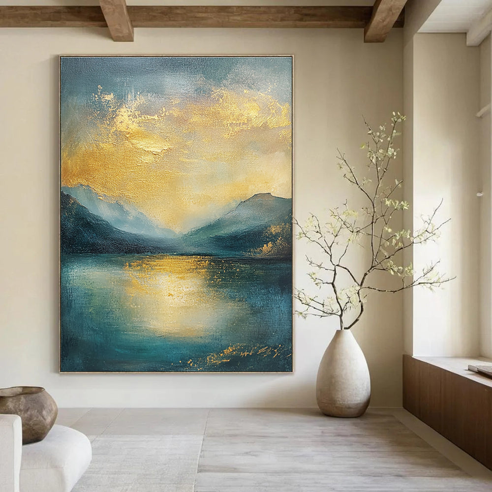 Abstract landscape oil painting featuring gold and teal hues with textured clouds sea and mountains in muted colors.STSC081