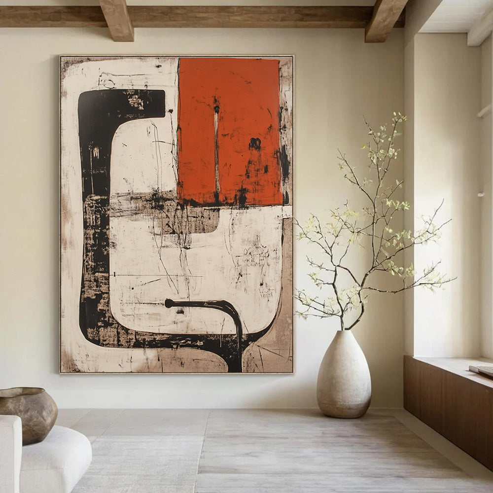 Abstract artwork in white and red featuring collage shapes lines black pipes and an orange rectangle with a silhouette on a light brown ink wash background.STSC845