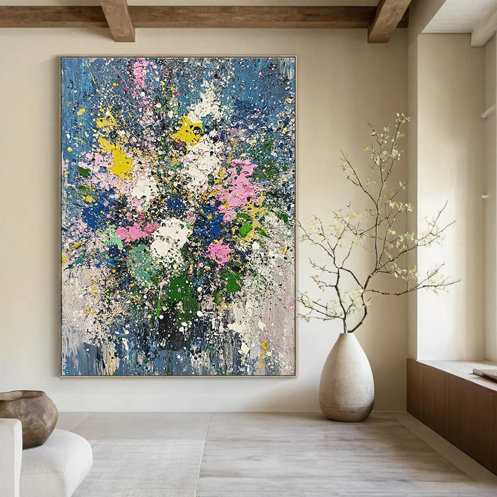 Abstract oil painting featuring flowers and plants in John Berkey's style with light blue green pink and gold leaf splatters.STSC181