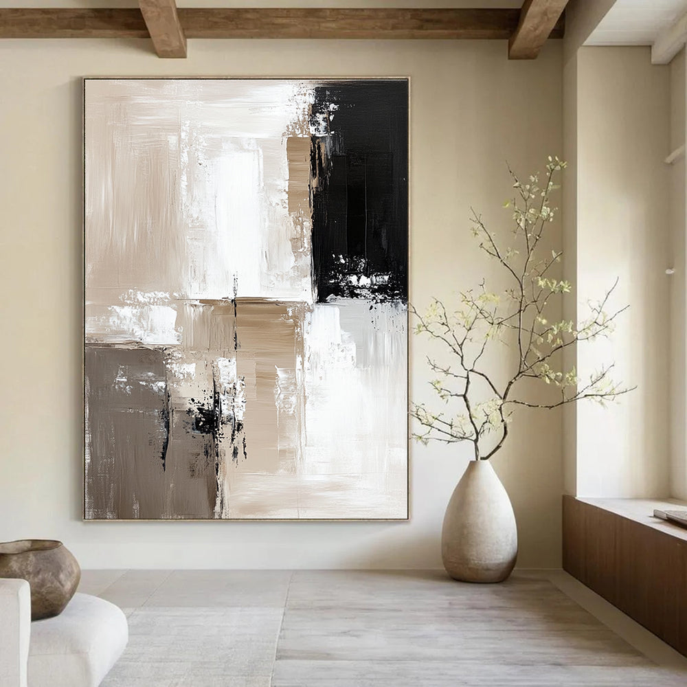 Large abstract painting featuring beige and white color blocks with thick brush strokes and black accents on a neutral background in minimalistic oil paint.STSC411