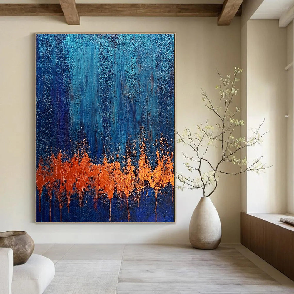 Large abstract painting on textured canvas showcasing rust and blue tones evoking a twilight forest with a copper bark-like foreground.STSC720