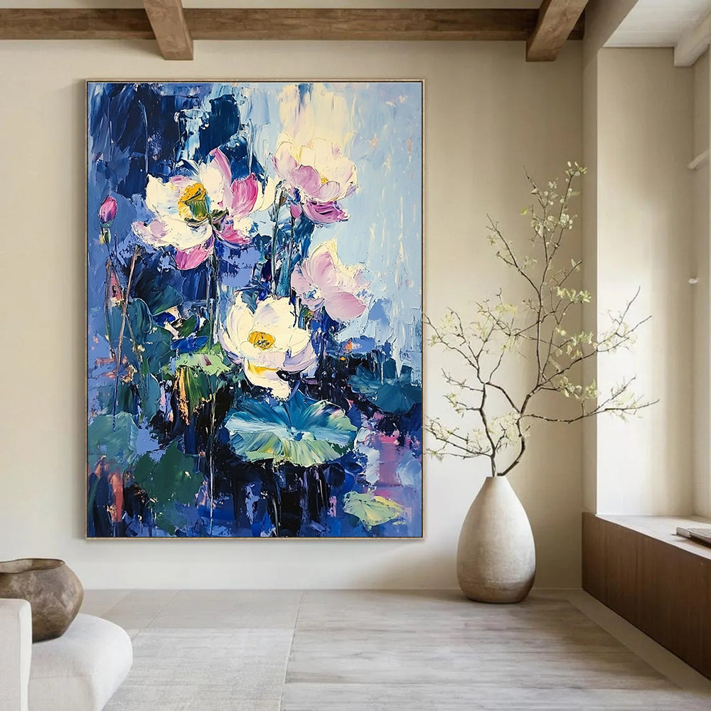 Large abstract oil painting of lotus flowers and leaves in purple and blue with impressionist style and surrealistic elements against a blue sky.STSC190