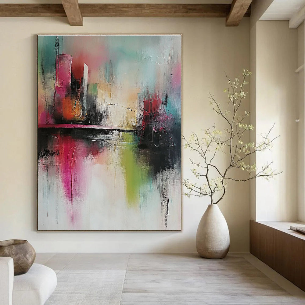 Large abstract painting with soft tones expressive brush strokes and a modern style featuring a city and river background in delicate details.STSC432