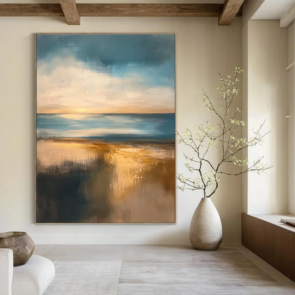 Large abstract painting featuring muted colors at golden hour with soft edges and tranquil sea reflections creating a serene atmosphere.STSC076