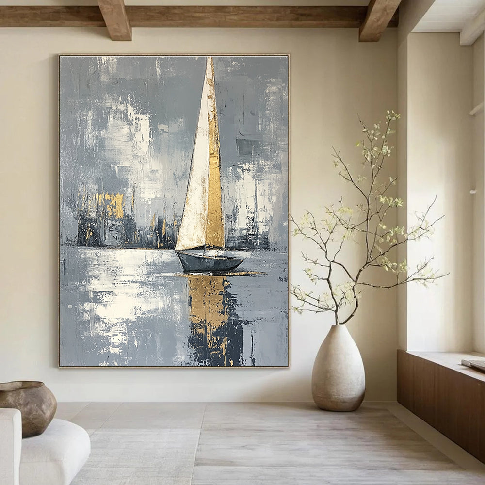 Abstract painting featuring a serene sailing boat with gray background and white gold accents created using soft light and impressionist brush strokes.STSC1420