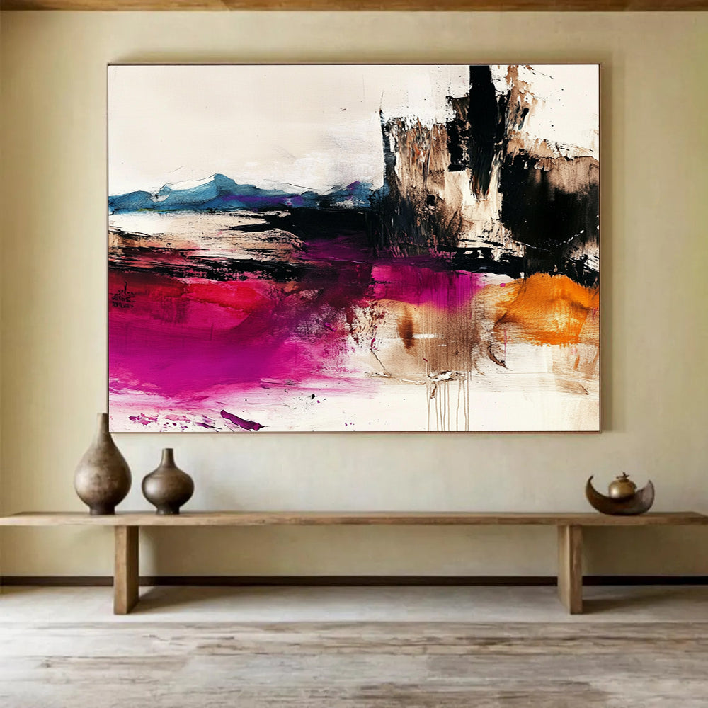 Large abstract painting depicting the desert with dark whites light beiges colorful ink washes and bold brushstrokes in high-resolution detail.SC046