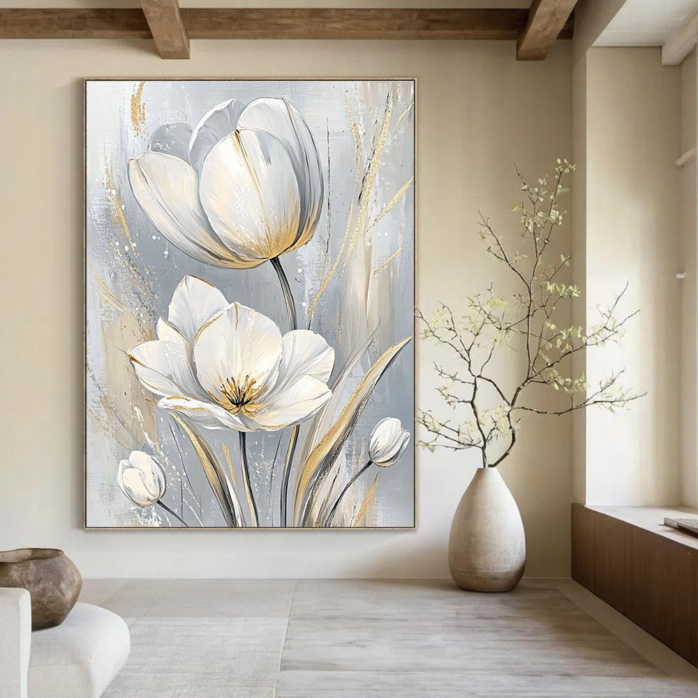 Large abstract painting featuring elegant white tulips with intricate petals and soft pastel tones creating a serene atmosphere.STSC1480