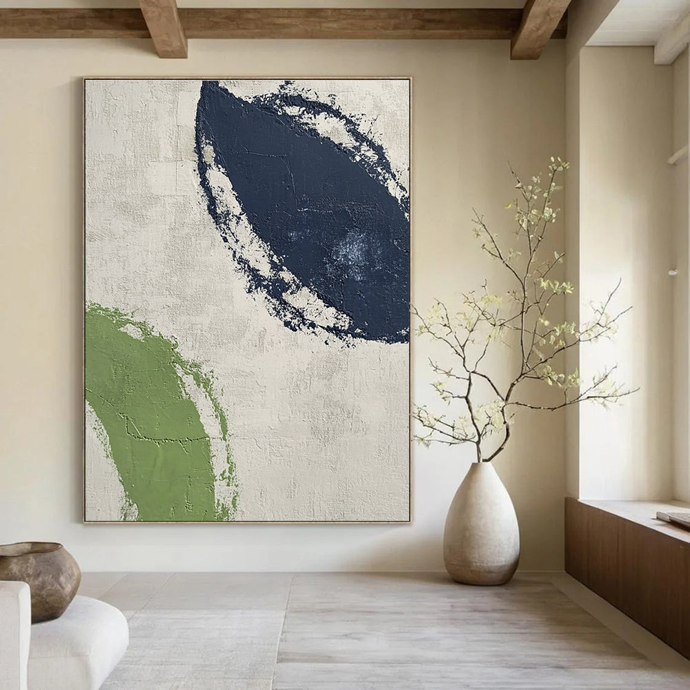 Large abstract painting featuring textured navy blue and green curves on a light gray background, embodying modern simplicity for contemporary interiors.STSC527