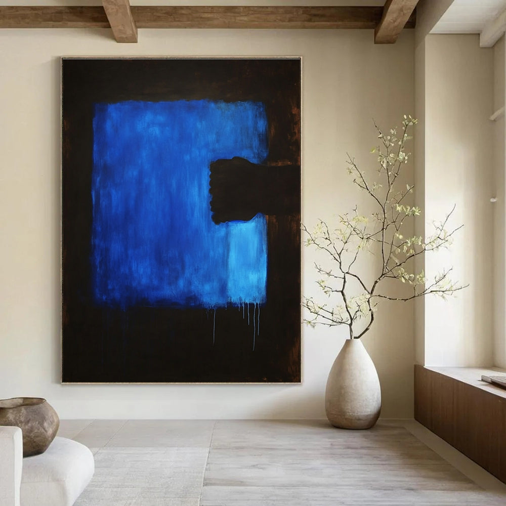Large abstract painting featuring a dark blue background and a blue foreground, creating a striking visual depth and emotional resonance.STSC1313