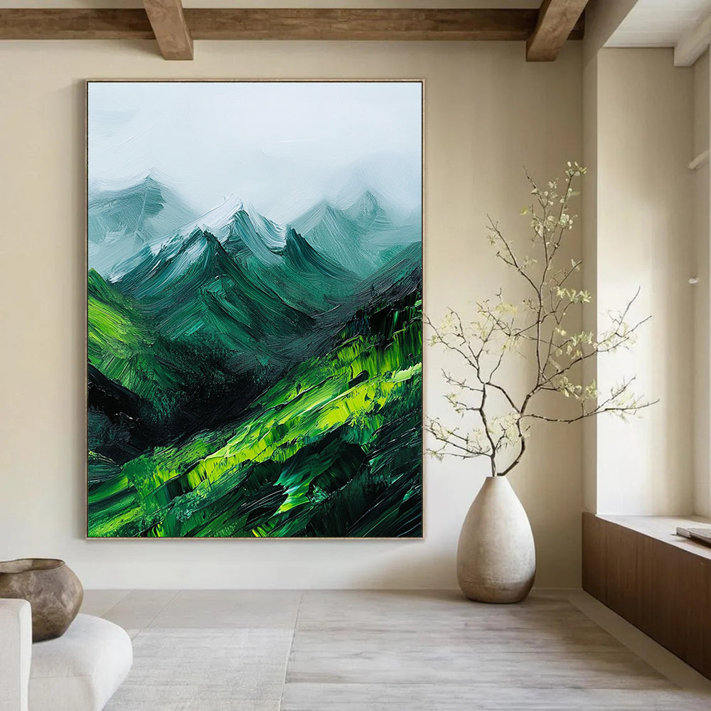 Large abstract oil painting featuring green mountains enveloped in fog with expressive impasto brush strokes.STSC592