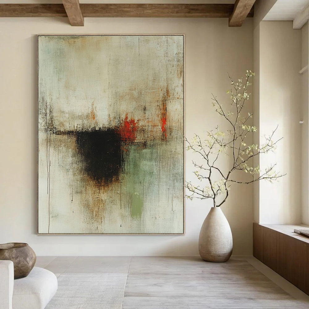 Large abstract painting with faded neutral tones and subtle red accents featuring a central dark brown spot and hints of green and earthy colors.STSC610
