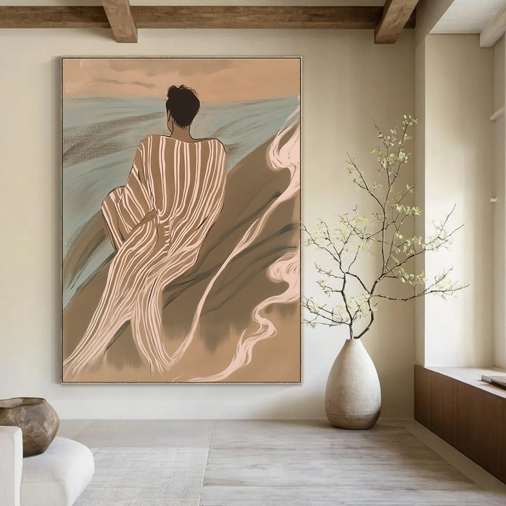 A large abstract painting featuring an Asian man in striped robes surrounded by waves and smoke in soft tones of brown and blue.STSC1104