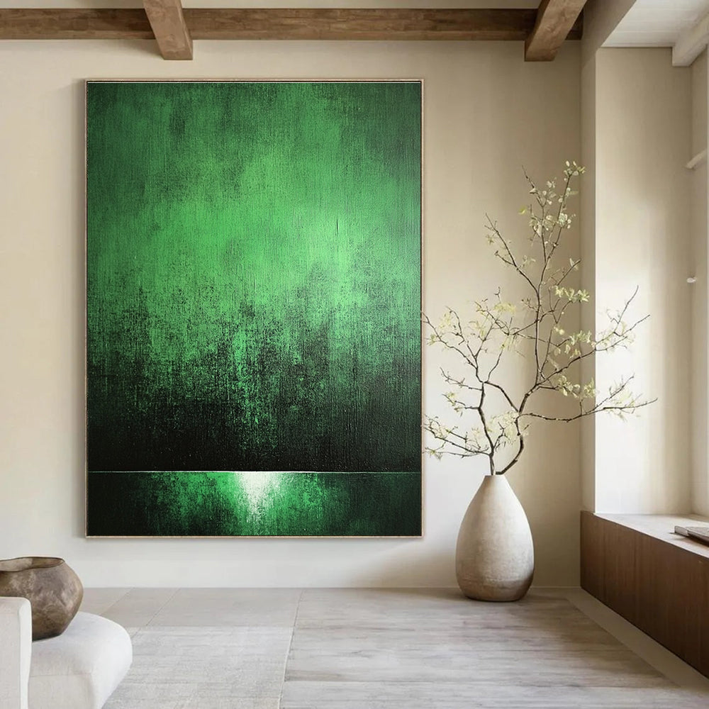 Abstract painting with a green background, soft light, high contrast, and eerie shadows creating a mysterious and textured atmosphere.STSC1007