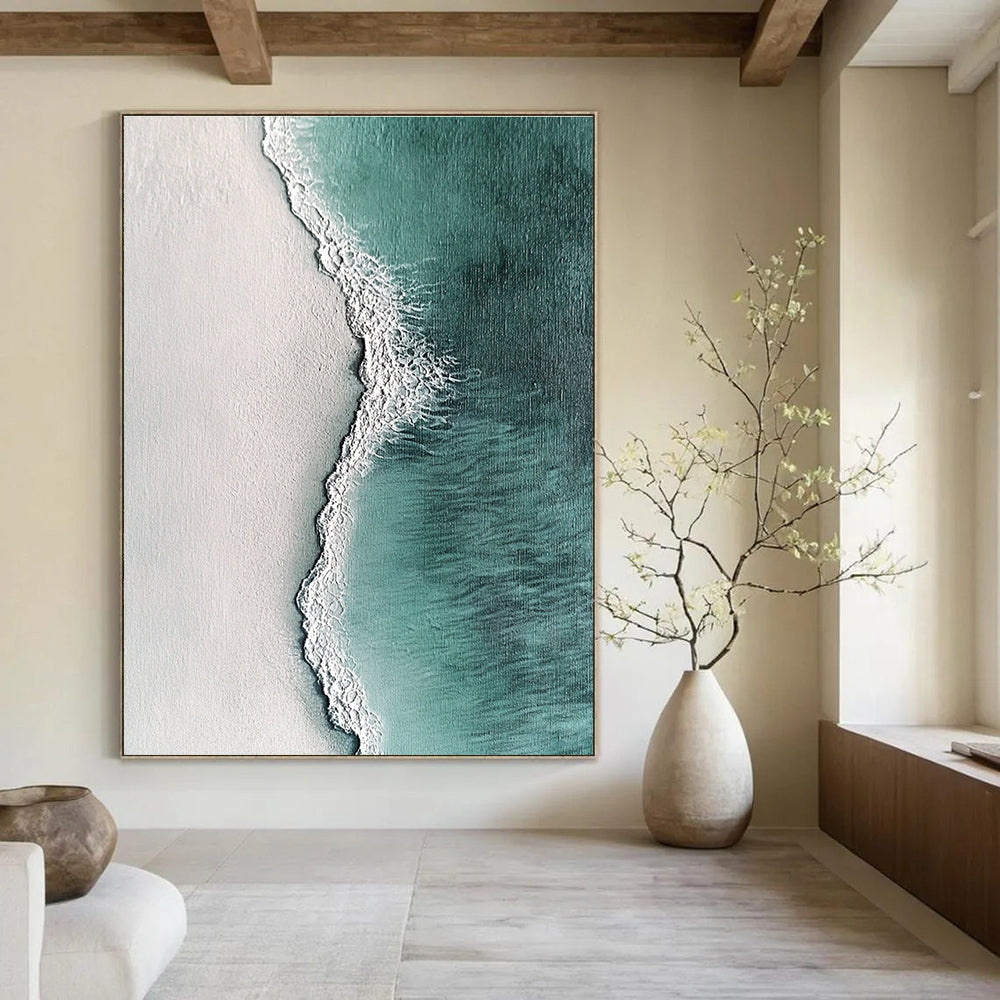 Large abstract painting featuring ocean waves and white sand in hyper-realistic textures with dark green light blue and light gray tones.STSC532