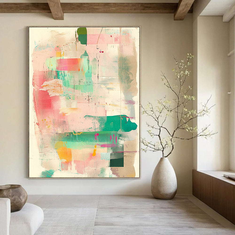 Large abstract artwork featuring muted pastel pink and green tones with mixed media collage elements and vintage paper texture for added depth.STSC1360