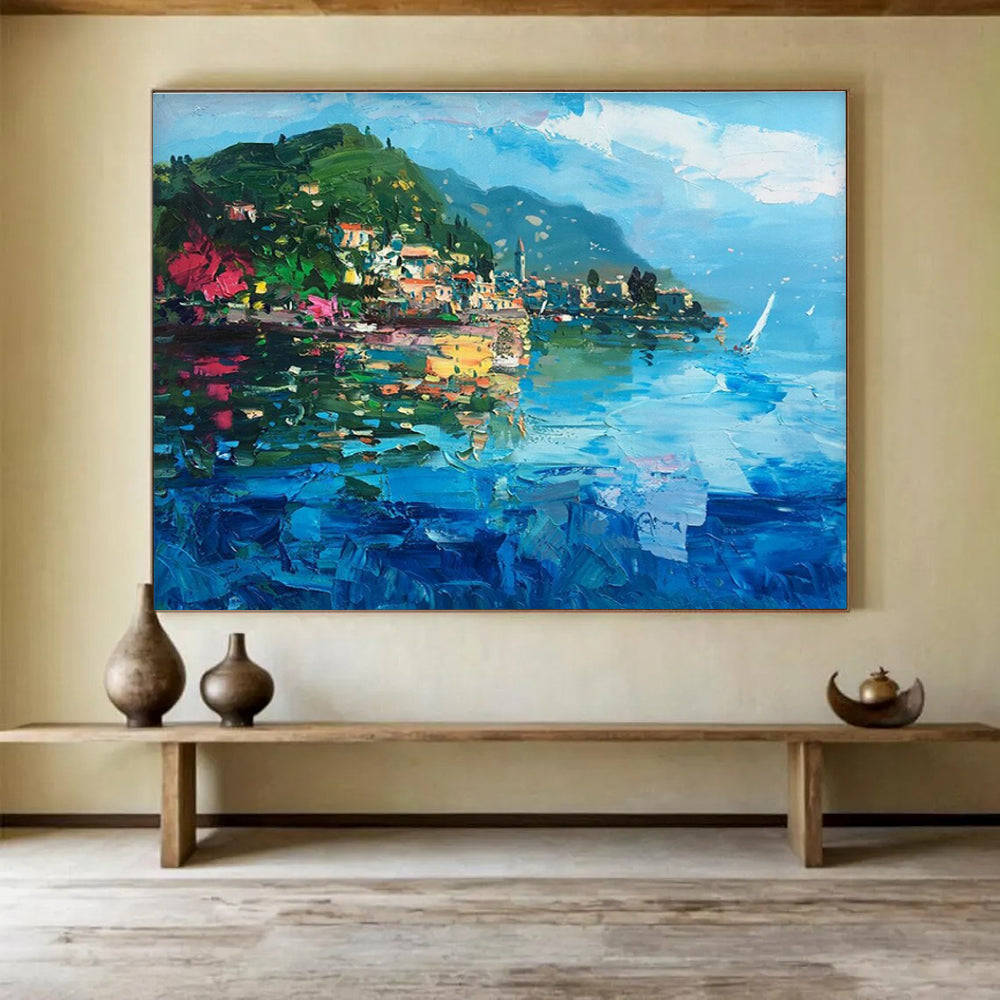 Blue Green Pink Lakefront Village Painting THY487
