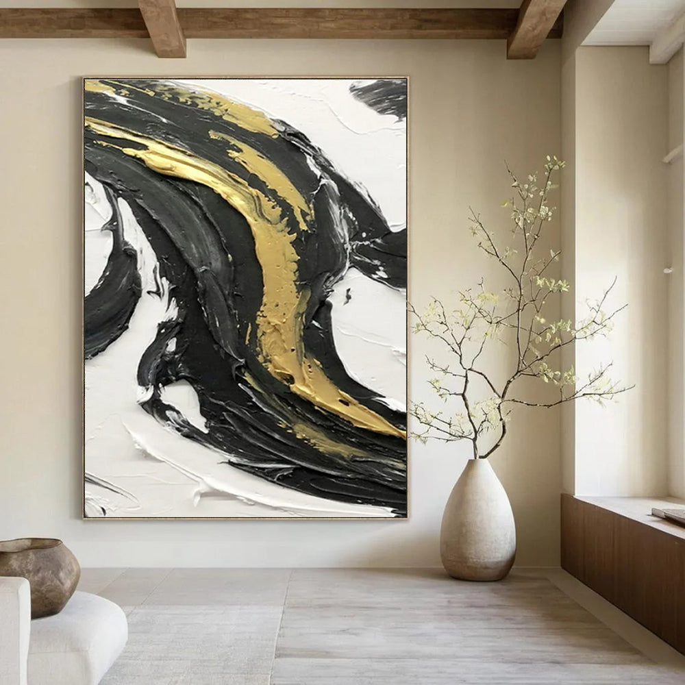 Gold - Enhanced Black and White Swirl Abstract Art with Rich Textures ADGE379