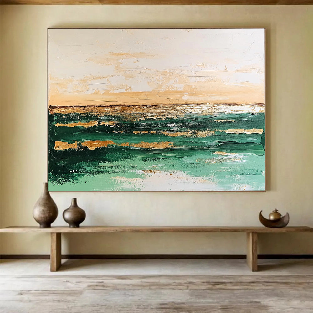 Large abstract painting with green and beige tones depicting a tranquil sea and soft sky against a muted white background, creating an elegant vintage feel.SC080
