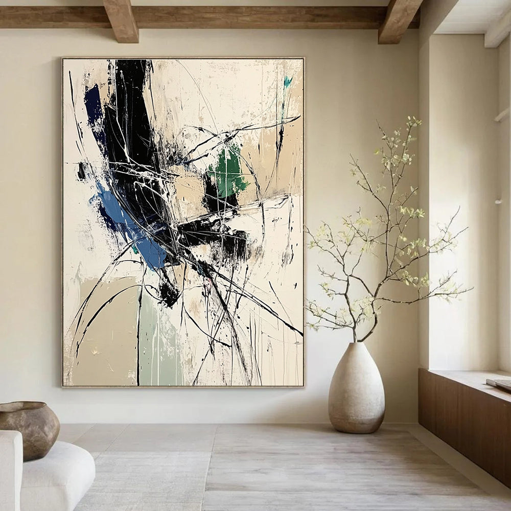 Large abstract painting featuring dynamic lines and organic shapes in white black and blue tones inspired by Zao Wou-Ki.STSC825