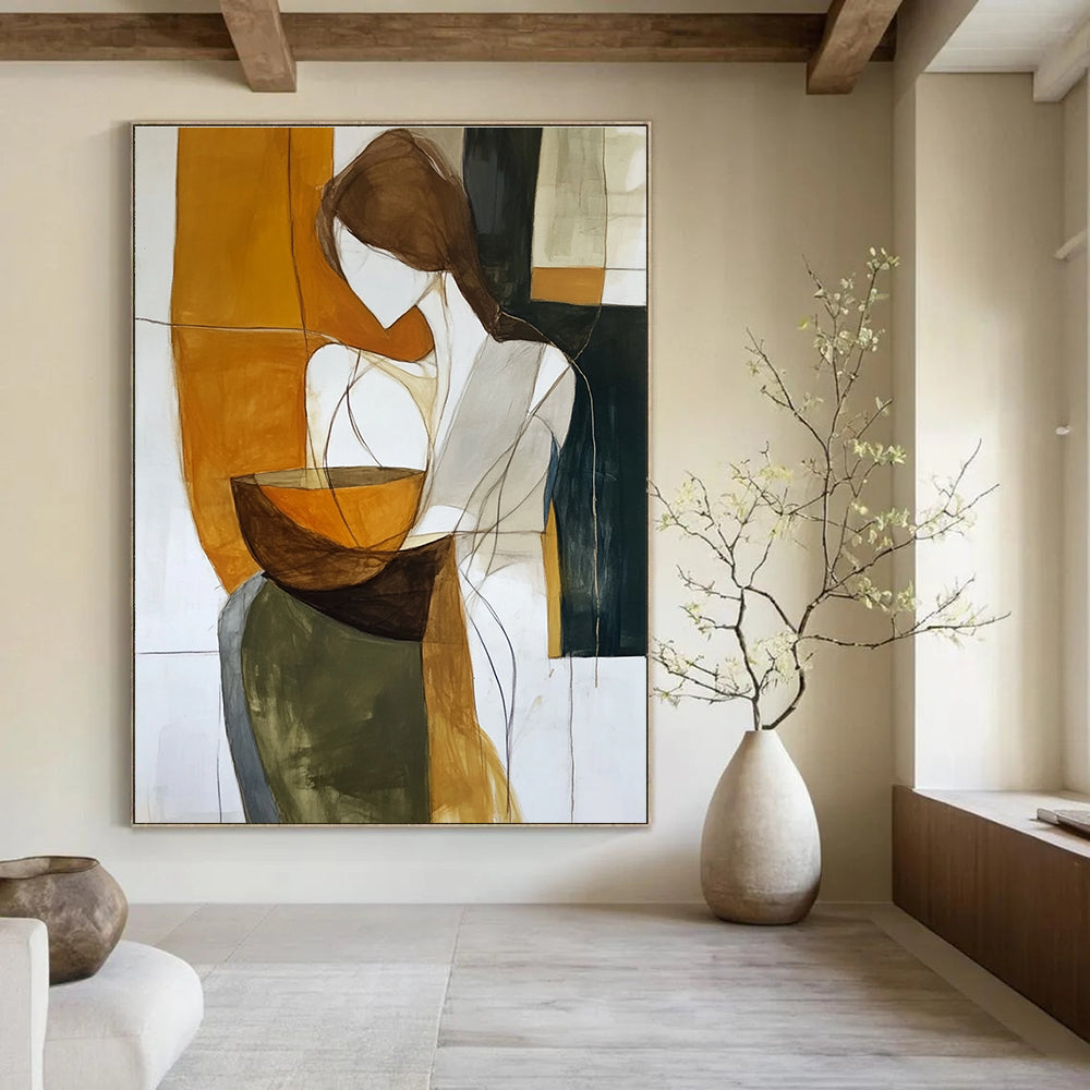 Large abstract painting of an androgynous figure enveloping an earthenware bowl in rich earth tones against a dark white background.STSC299