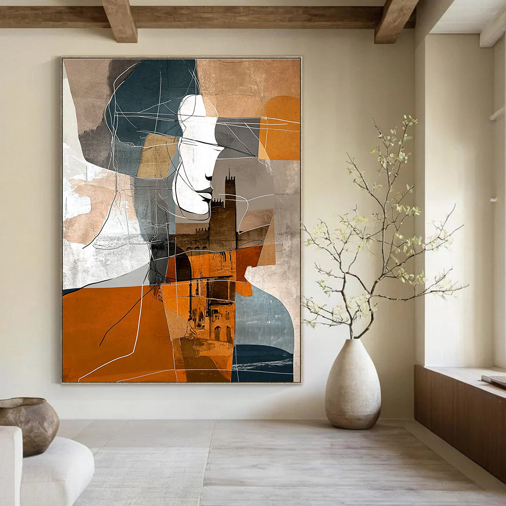 Large abstract painting featuring shapes in brown grey blue and orange with expressionist woman geometric figure and shadowed castle in Parisian urban life.STSC540