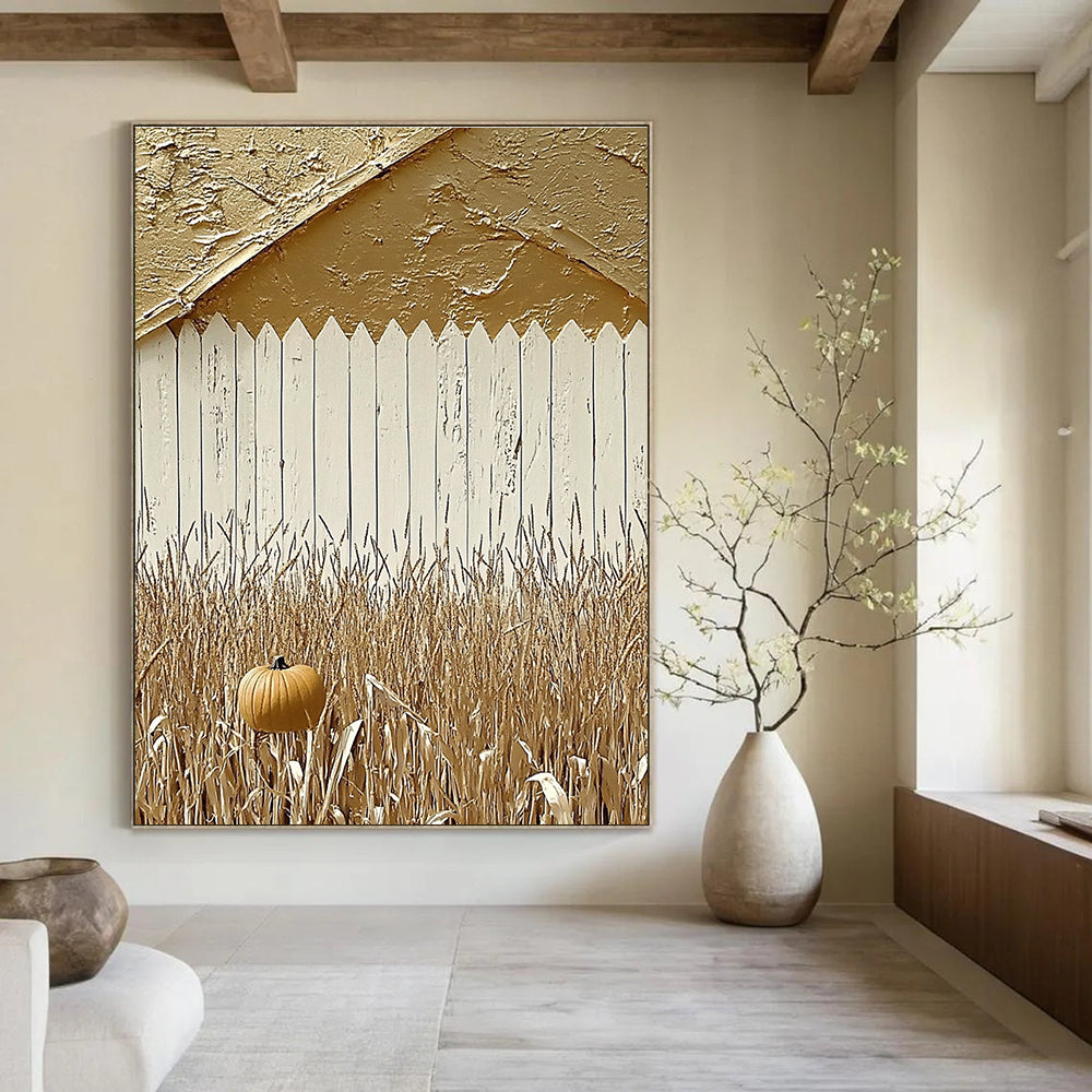 Large Abstract Painting Featuring Autumn Red Barn White Fence Pumpkins and Corn Fields Ideal for Photography Backdrop.STSC890