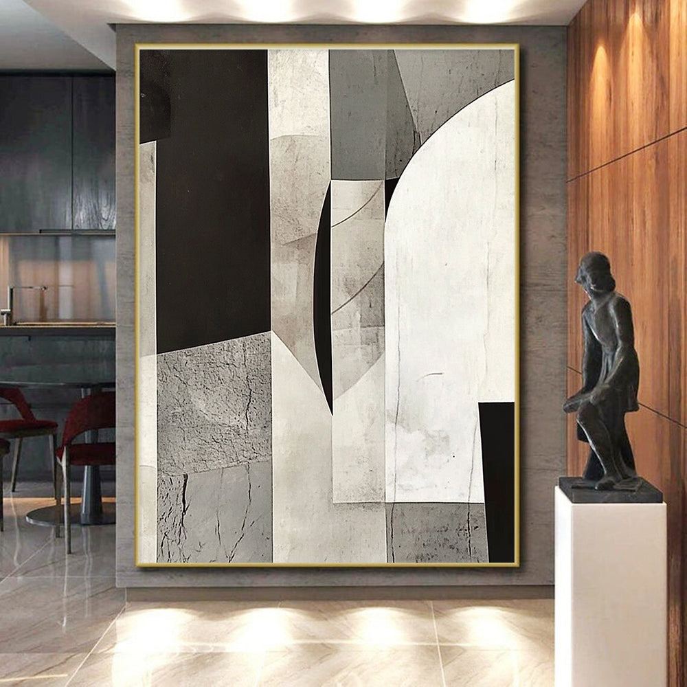 Gray and Black Geometric Collage Abstract Painting with Layered Textures GER014