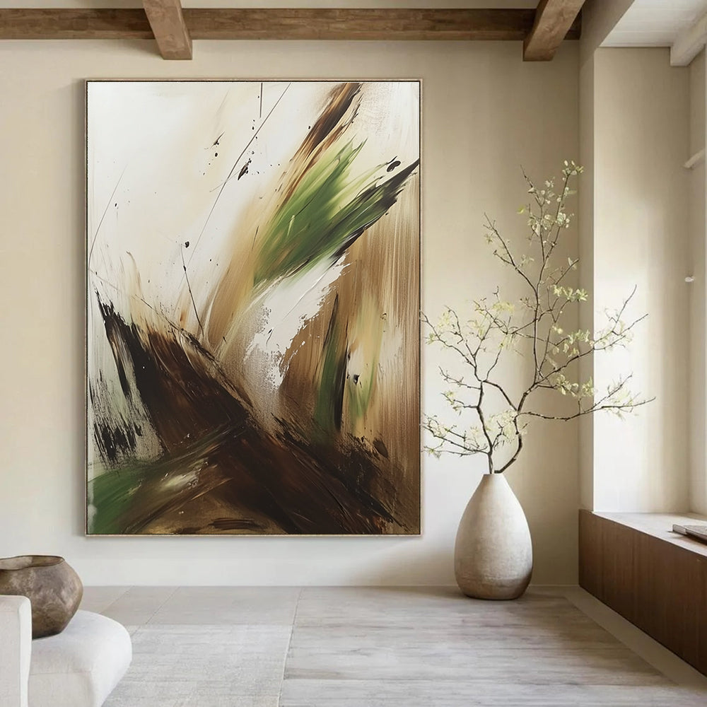 Large abstract painting in earthy brown green and white tones featuring thick brush strokes and splashes inspired by Marjane Satrapi.STSC752