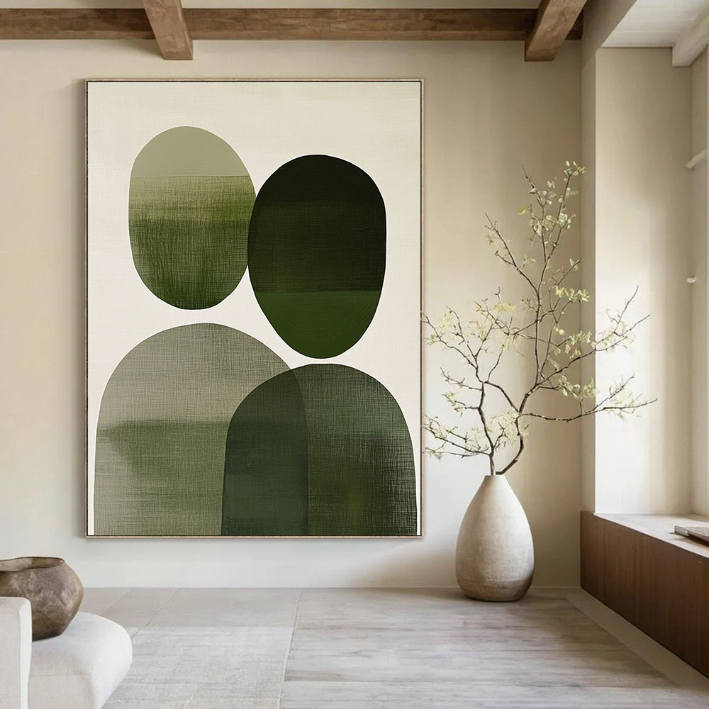 Large abstract painting with overlapping green and gray circles on off-white evoking connection and tranquility, ideal for home decor.STSC1083
