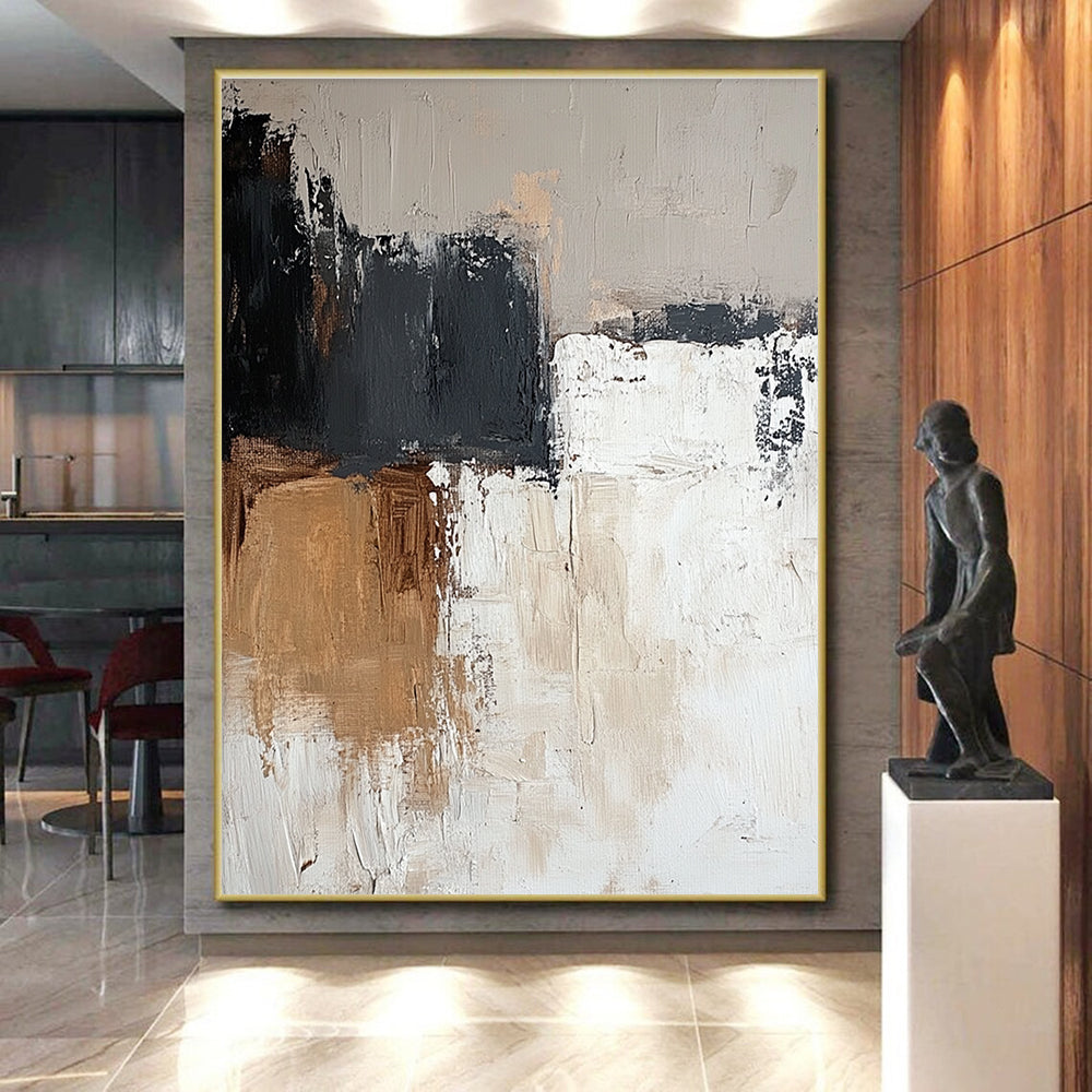 Brown Gray and White Abstract Painting with Textured Patches GER473