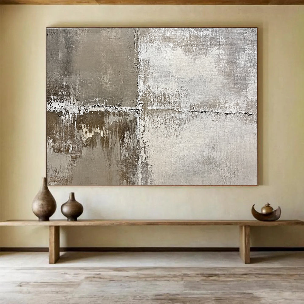 Abstract painting featuring an aged textured canvas in soft neutral tones evoking nostalgia with weathered effects of grays and whites.SC445