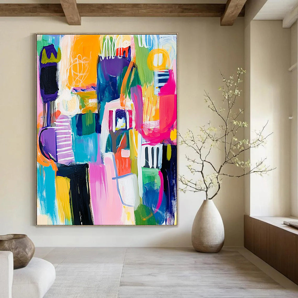 Large abstract painting with colorful whimsical shapes thick brushstrokes and bold lines in vibrant hues capturing dynamic elements of houses cars and people.STSC678