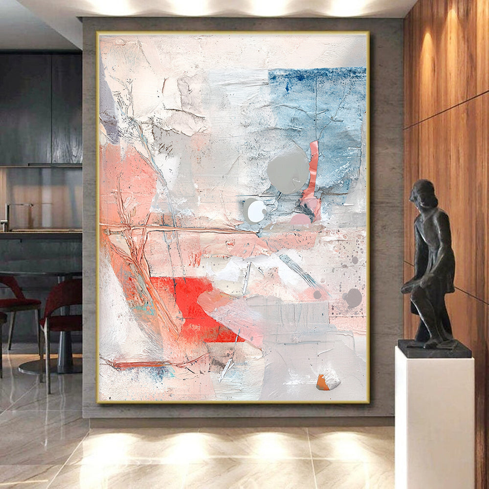 Mixed Media Abstract Collage with Pink Blue and Gray Tones GER194