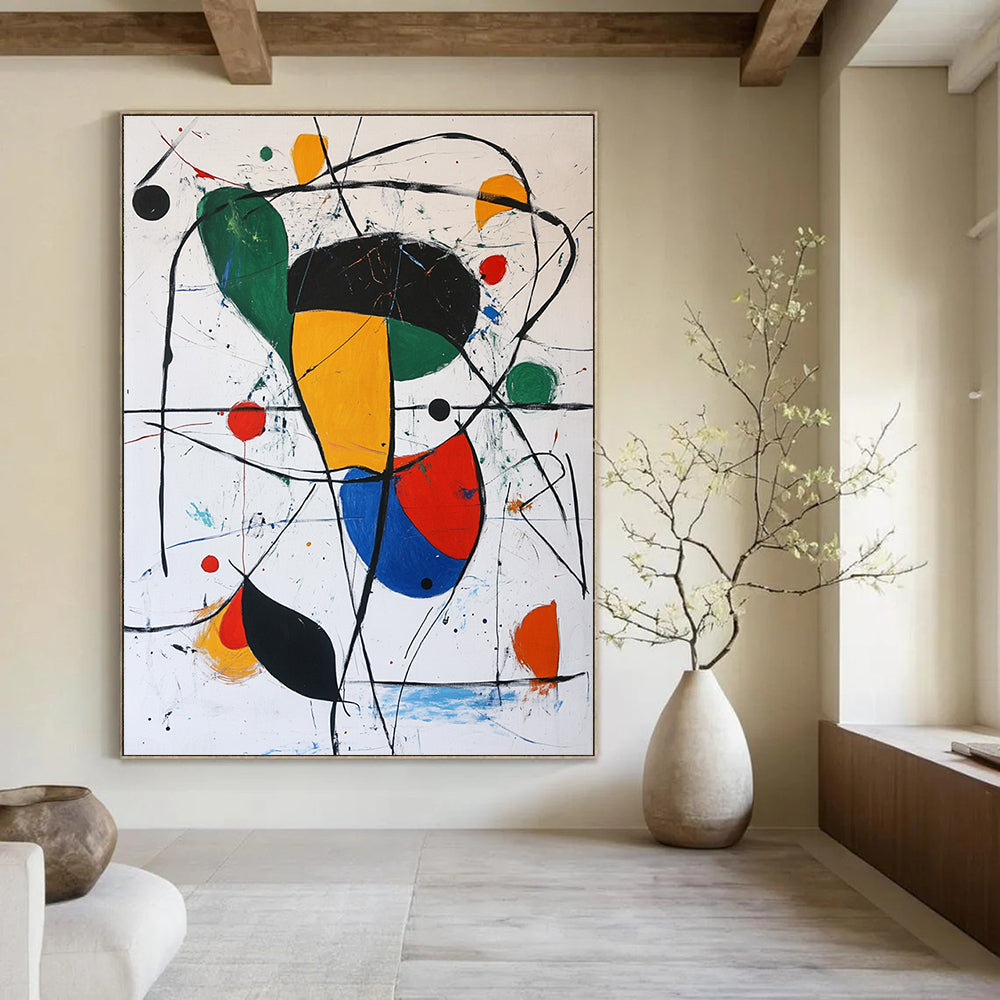 Large abstract painting featuring simple shapes and lines in black red green yellow and white with small colorful dots in a Joan Miro style.STSC377