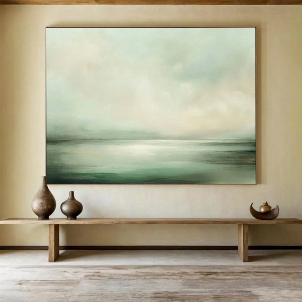 Large abstract painting capturing soft greens and whites of sea and sky, creating an ethereal atmosphere of tranquility and serenity.SC070