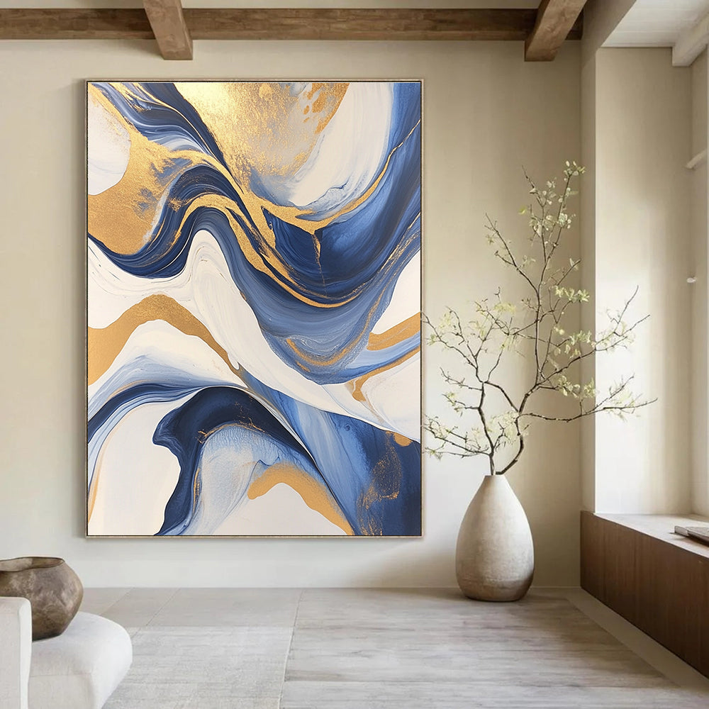 Large Abstract Painting with gold leafing flowing lines fluid acrylics blue black gray and white swirling patterns marbleized surfaces.STSC031
