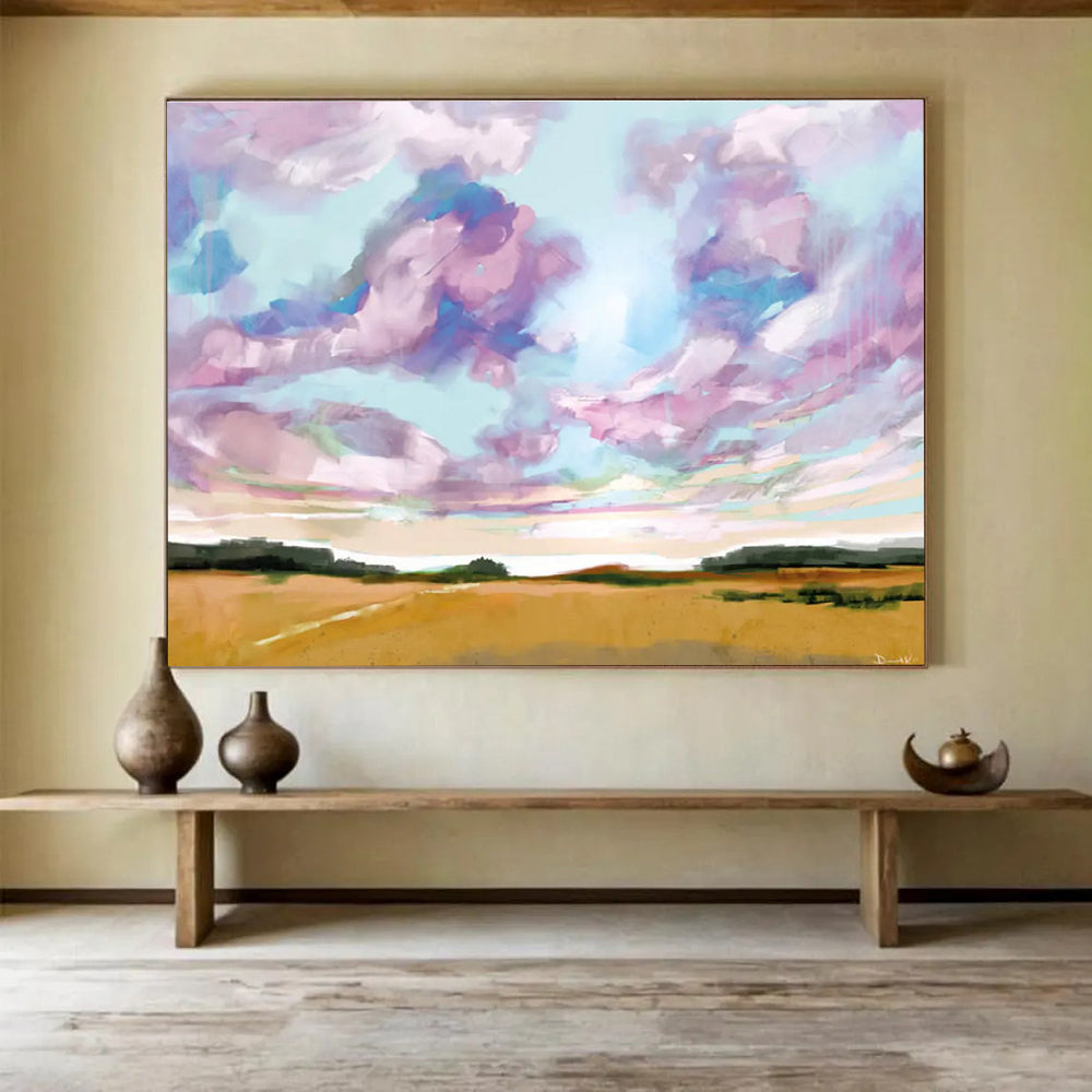 Sky and Field Abstract Painting with Colorful Clouds and Golden Fields THY149