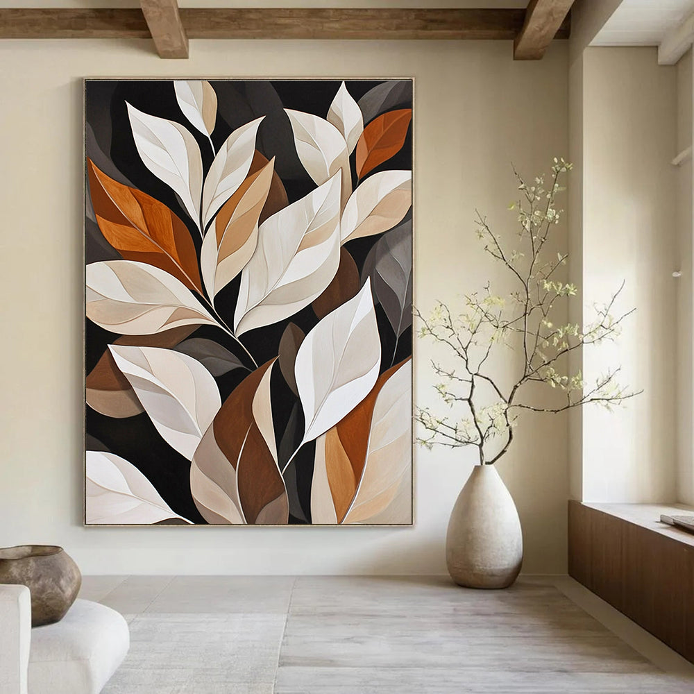 Large abstract painting of white leaves on a black background featuring elegant brown and beige tones with detailed foliage and soft lines.STSC1151