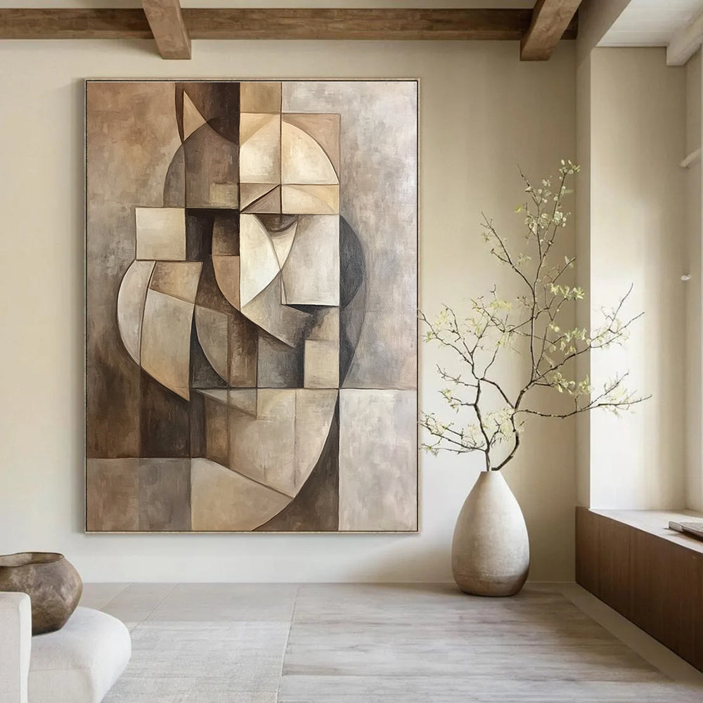 A large abstract painting features a geometric composition in muted colors, inspired by Picasso's cubist style for a sophisticated aesthetic.STSC859