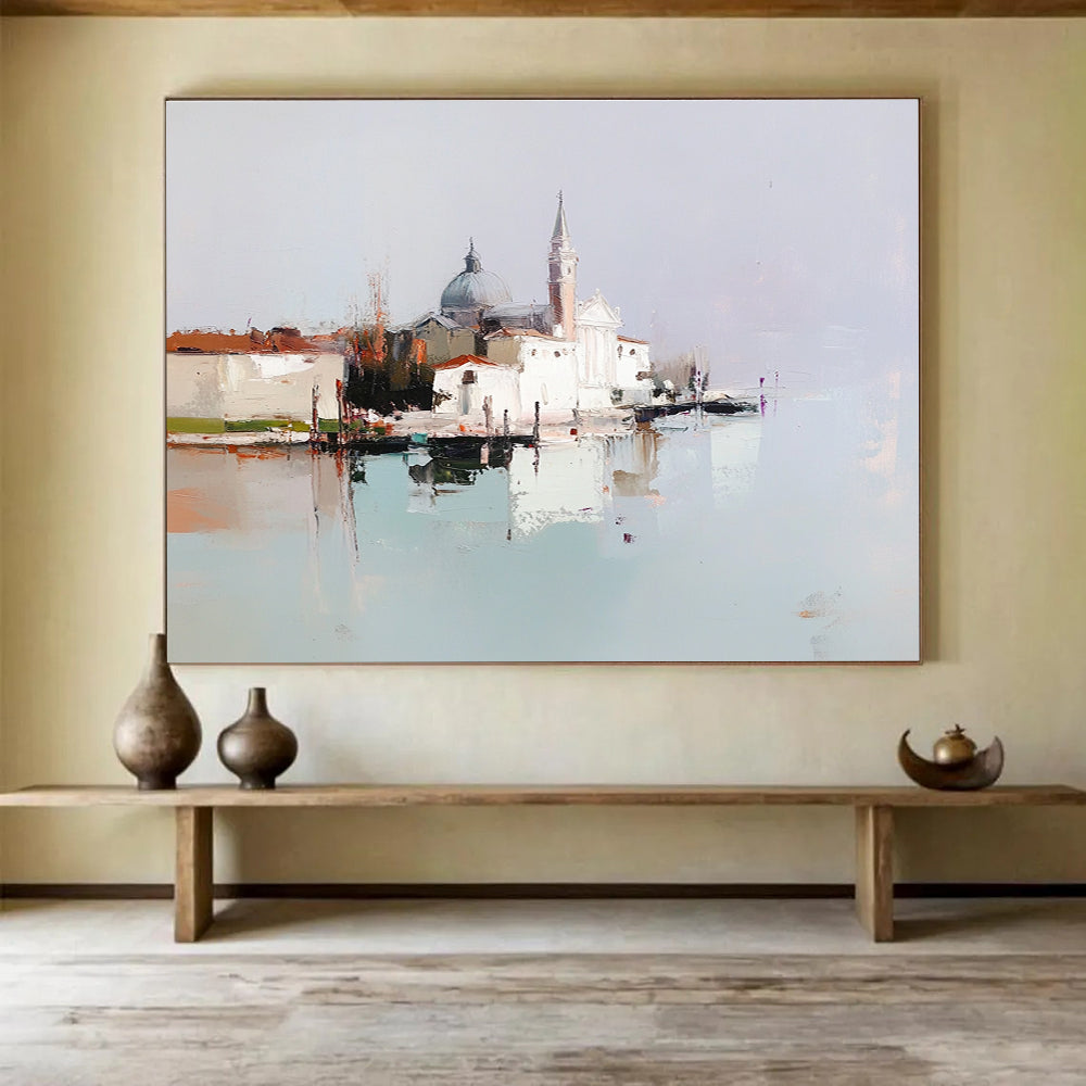An abstract oil painting featuring a tranquil Venetian island with white buildings, showcasing minimal brush strokes and muted colors in a harmonious composition.SC410