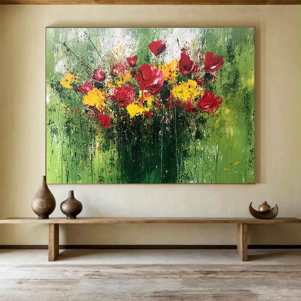 Large abstract painting featuring a vibrant bouquet in red and yellow with thick textured paint and expressive brushstrokes on a green background.SC479
