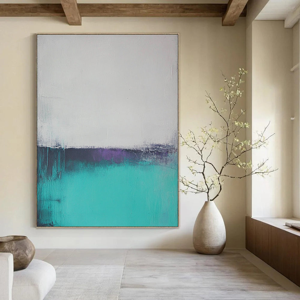 Large abstract oil painting of a misty teal and gray ocean with muted colors and low contrast, creating a serene atmosphere.STSC590